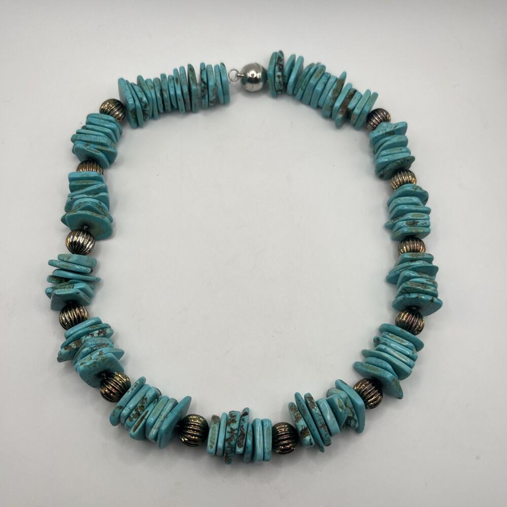 Blue Stone Chip Nugget Chunky Beaded Statement Necklace Southwestern Boho 22"